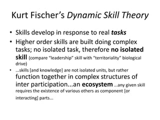 Kurt Fischer’s Dynamic Skill Theory
• Skills develop in response to real tasks
• Higher order skills are built doing complex
tasks; no isolated task, therefore no isolated
skill (compare “leadership” skill with “territoriality” biological
drive)
• ...skills [and knowledge] are not isolated units, but rather
function together in complex structures of
inter participation...an ecosystem...any given skill
requires the existence of various others as component [or
interacting] parts...
 