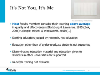It’s Not You, It’s Me

                                                      Rauschenberg, White Noise

• Most faculty members consider their teaching above average
  in quality and effectiveness (Blackburg & Lawrence, 1995)(Bok,
  2006)(Gillespie, Hilsen, & Wadsworth, 2010)(…)

• Starting educators judged by research, not education

• Education other than of under-graduate students not supported

• Disseminating education material and education given to
  students in other universities not supported

• In-depth training not available

                                         TUD Onderwijsdag/EducationDay’13   11
 