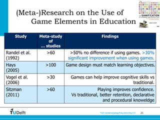 (Meta-)Research on the Use of
         Game Elements in Education
    Study       Meta-study                     Findings
                    of
                … studies
Randel et al.      >60         >50% no difference if using games. >30%
(1992)                        significant improvement when using games.
Hays              >100       Game design must match learning objectives.
(2005)
Vogel et al.       >30         Games can help improve cognitive skills vs
(2006)                                                       traditional.
Sitzman            >60                       Playing improves confidence.
(2011)                         Vs traditional, better retention, declarative
                                                and procedural knoweldge

                                              TUD Onderwijsdag/EducationDay’13   21
 