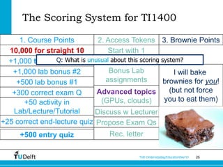 The Scoring System for TI1400

     1. Course Points         2. Access Tokens 3. Brownie Points
  10,000 for straight 10          Start with 1
  +1,000 team self-study unusual about this scoring system?
                 Q: What is
   +1,000 lab bonus #2            Bonus Lab              I will bake
    +500 lab bonus #1            assignments         brownies for you!
   +300 correct exam Q       Advanced topics           (but not force
      +50 activity in          (GPUs, clouds)        you to eat them)
   Lab/Lecture/Tutorial      Discuss w Lecturer
+25 correct end-lecture quiz Propose Exam Qs
      +500 entry quiz             Rec. letter

                                            TUD Onderwijsdag/EducationDay’13   26
 