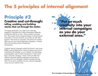 The 5 principles of internal alignment

Principle #2
Creative and cut-through:                                                  “Put as much
telling, enabling and building
stories that cut through the clutter.
                                                                           creativity into your
To engage employees, you need to be creatively
                                                                           internal campaigns
engaging. Employees don’t define themselves differently                    as you do your
                                                                           external ones.”
just because they’re at work – they’re media consumers
first. They expect clarity and great design in internal brand
information, training and tools, just as they do with other
brands in their lives as consumers. The amount of creative
effort you put into internal alignment campaigns is directly
tied to the resulting output of employees
and partners.

Creative internal campaigns stretch the brand in new ways.
KPMG recently deployed an internal program every bit as
hard-hitting and strategic as you’d expect, but leveraging
a photographic style so fresh and dynamic it looks more
like a consumer campaign. Great visuals are often the
difference between getting employees and partners to
engage with your messages instead of merely enduring
them. Put as much creativity into your internal campaigns
as you do your external ones.




                                                                The 5 principles of internal alignment - Creative and cut-through   7/
 