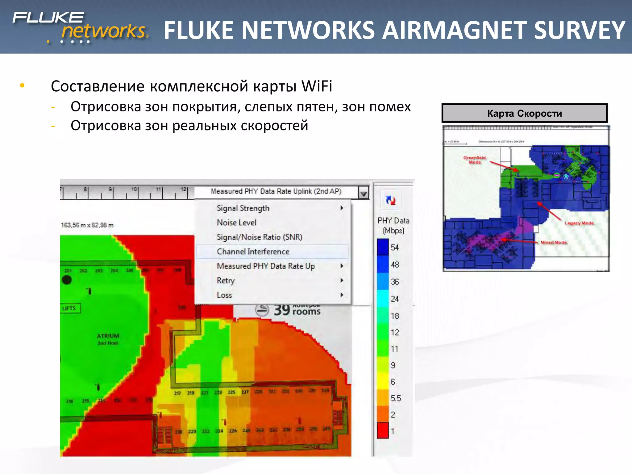 • Составление комплексной карты WiFi
- Отрисовка зон покрытия, слепых пятен, зон помех
- Отрисовка зон реальных скоростей
Карта Скорости
FLUKE NETWORKS AIRMAGNET SURVEY
 