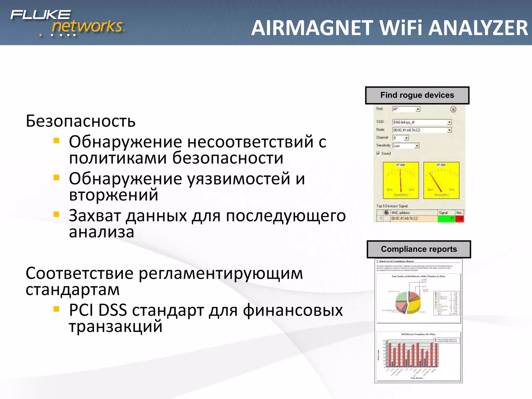 Безопасность
 Обнаружение несоответствий с
политиками безопасности
 Обнаружение уязвимостей и
вторжений
 Захват данных для последующего
анализа
Соответствие регламентирующим
стандартам
 PCI DSS стандарт для финансовых
транзакций
Compliance reports
Find rogue devices
AIRMAGNET WiFi ANALYZER
 