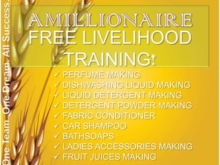 ne Team. One Dream. All Success


                                  FREE LIVELIHOOD
                                     TRAINING!
                                     PERFUME MAKING
                                     DISHWASHING LIQUID MAKING
                                     LIQUID DETERGENT MAKING
                                     DETERGENT POWDER MAKING
                                     FABRIC CONDITIONER
                                     CAR SHAMPOO
                                     BATHSOAPS
                                     LADIES ACCESSORIES MAKING
                                     FRUIT JUICES MAKING
 