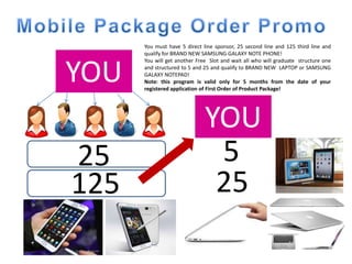 You must have 5 direct line sponsor, 25 second line and 125 third line and
      qualify for BRAND NEW SAMSUNG GALAXY NOTE PHONE!



YOU
      You will get another Free Slot and wait all who will graduate structure one
      and structured to 5 and 25 and qualify to BRAND NEW LAPTOP or SAMSUNG
      GALAXY NOTEPAD!
      Note: this program is valid only for 5 months from the date of your
      registered application of First Order of Product Package!




                              YOU
25                             5
125                            25
 