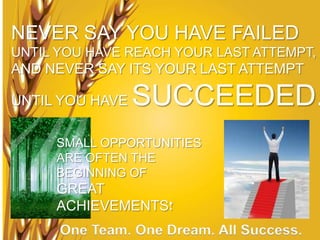 NEVER SAY YOU HAVE FAILED
UNTIL YOU HAVE REACH YOUR LAST ATTEMPT,
AND NEVER SAY ITS YOUR LAST ATTEMPT

UNTIL YOU HAVE   SUCCEEDED.
     SMALL OPPORTUNITIES
     ARE OFTEN THE
     BEGINNING OF
     GREAT
     ACHIEVEMENTS!
      One Team. One Dream. All Success.
 