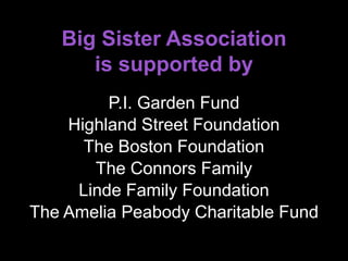 Big Sister Association
is supported by
P.I. Garden Fund
Highland Street Foundation
The Boston Foundation
The Connors Family
Linde Family Foundation
The Amelia Peabody Charitable Fund
 