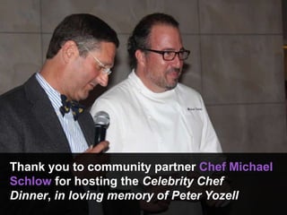 Thank you to community partner Chef Michael
Schlow for hosting the Celebrity Chef
Dinner, in loving memory of Peter Yozell
 