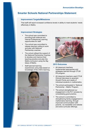 Annunciation Brooklyn 
Smarter Schools National Partnerships Statement 
Improvement Targets/Milestones 
That staff will report increased confidence levels in ability to meet students’ needs 
effectively in Maths. 
Improvement Strategies 
• The school was committed to 
providing both external and 
internal Professional Learning 
opportunities for staff. 
• The school was committed to 
release teachers willing to work 
and plan with National 
Partnership coaches. 
• The school utilised the support of 
the National Partnership Coaches 
to develop and improve their 
teaching practice and plan the 
Maths curriculum using the Big 
Ideas of Maths. 
• Staff planned learning 
experiences using data based on 
knowledge of the child’s learning. 
2013 Outcomes 
• All classroom teachers 
Implemented approaches and 
strategies learned through CTLM 
PD program. 
• All classroom teachers used CTLM 
Clinical Interviews to ascertain 
Growth Points and needs of 
individual students in mathematics. 
• The school participated in ‘National 
Partnership – Maths’ Program. 
• The school strengthened our 
engagement in the PLT process by 
consolidating good practice. 
• The school is committed to 
strengthening family engagement in 
mathematics learning, through 
improved communication with 
parents, via newsletter and website 
and extra curricular offerings. 
2013 ANNUAL REPORT TO THE SCHOOL COMMUNITY PAGE 15 
 