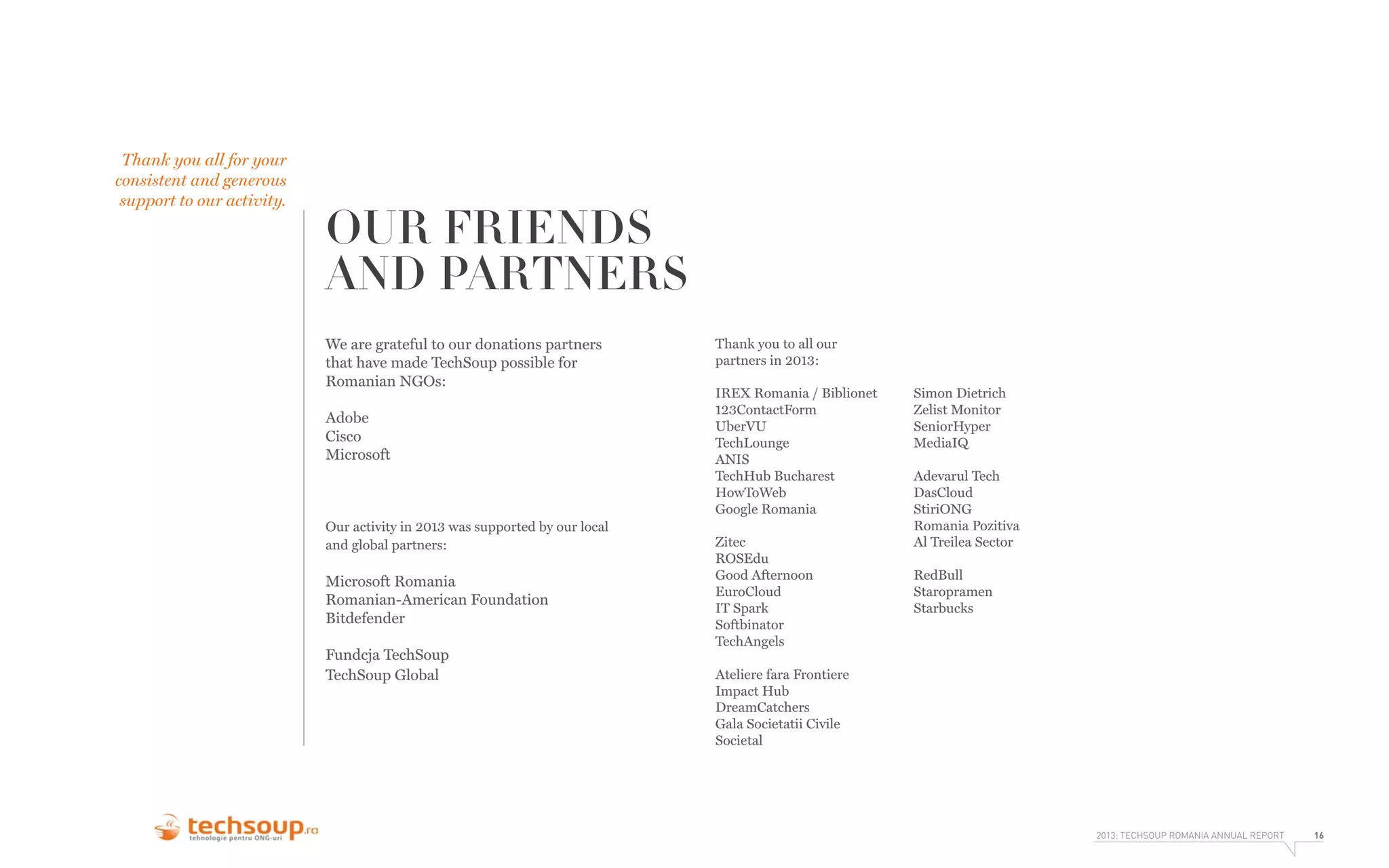 Thank you all for your
consistent and generous
support to our activity.

OUR FRIENDS
AND PARTNERS
We are grateful to our donations partners
that have made TechSoup possible for
Romanian NGOs:
Adobe
Cisco
Microsoft

Our activity in 2013 was supported by our local
and global partners:

Microsoft Romania
Romanian-American Foundation
Bitdefender
Fundcja TechSoup
TechSoup Global

Thank you to all our
partners in 2013:
IREX Romania / Biblionet
123ContactForm
UberVU
TechLounge
ANIS
TechHub Bucharest
HowToWeb
Google Romania
Zitec
ROSEdu
Good Afternoon
EuroCloud
IT Spark
Softbinator
TechAngels

Simon Dietrich
Zelist Monitor
SeniorHyper
MediaIQ
Adevarul Tech
DasCloud
StiriONG
Romania Pozitiva
Al Treilea Sector
RedBull
Staropramen
Starbucks

Ateliere fara Frontiere
Impact Hub
DreamCatchers
Gala Societatii Civile
Societal

2013: TECHSOUP ROMANIA ANNUAL REPORT

16

 