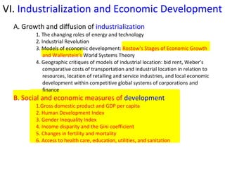 VI. Industrialization and Economic Development
A. Growth and diffusion of industrialization
1. The changing roles of energy and technology
2. Industrial Revolution
3. Models of economic development: Rostow’s Stages of Economic Growth
and Wallerstein’s World Systems Theory
4. Geographic critiques of models of industrial location: bid rent, Weber’s
comparative costs of transportation and industrial location in relation to
resources, location of retailing and service industries, and local economic
development within competitive global systems of corporations and
finance

B. Social and economic measures of development
1.Gross domestic product and GDP per capita
2. Human Development Index
3. Gender Inequality Index
4. Income disparity and the Gini coefficient
5. Changes in fertility and mortality
6. Access to health care, education, utilities, and sanitation

 