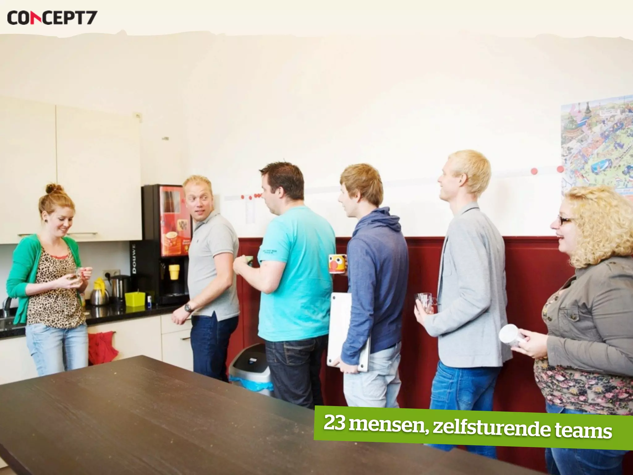 23 mensen, zelfsturende teams
 