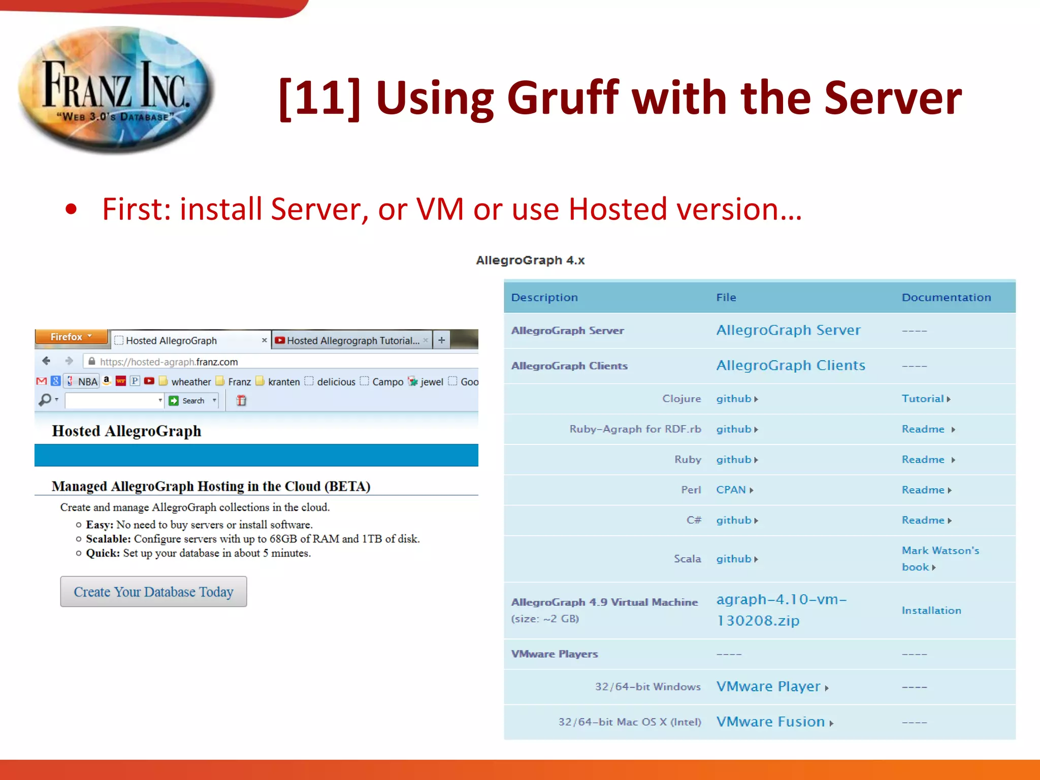 [11] Using Gruff with the Server
• First:  install  Server,  or  VM  or  use  Hosted  version…
 