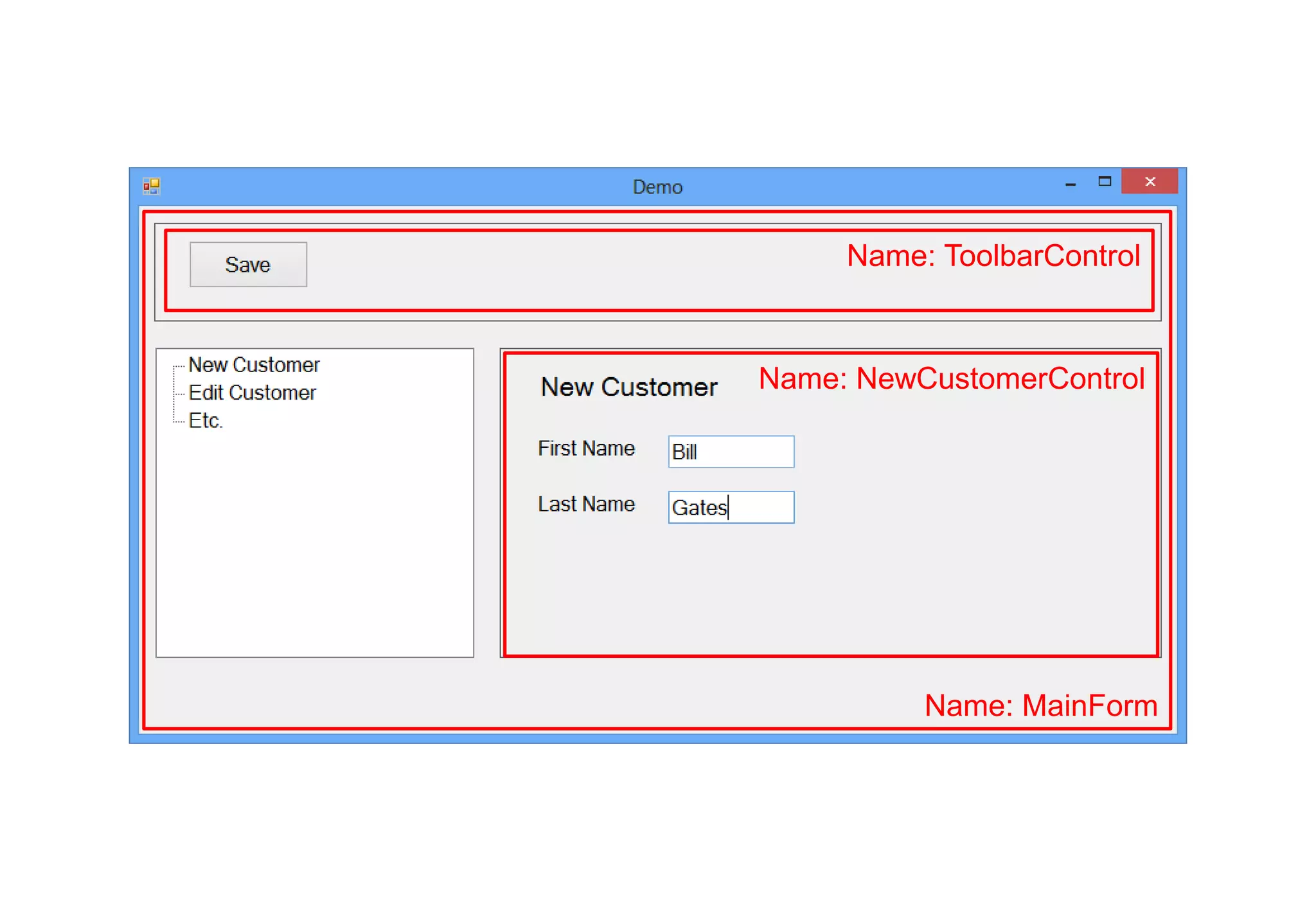 Name: MainForm
Name: NewCustomerControl
Name: ToolbarControl
 