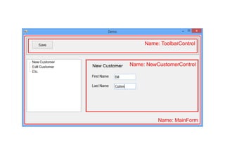 Name: MainForm
Name: NewCustomerControl
Name: ToolbarControl
 