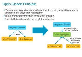 Open Closed Principle
“Software entities (classes, modules, functions, etc.) should be open for
extension, but closed for modification”
The current implementation breaks this principle
Publish-Subscribe would not break the principle
RegisterCustomer
EmailCustomer SmsCustomer
Event Aggregator
EmailCustomer SmsCustomer
RegisterCustomer
Publish message:
CustomerRegistered
Subscribe to &
handle the
message
Invoke
 