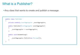What is a Publisher?
Any class that wants to create and publish a message
 