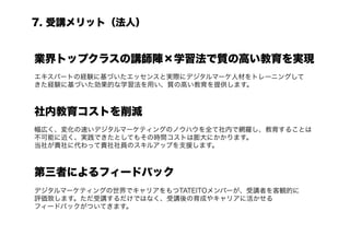 7. 受講メリット（法人）


業界トップクラスの講師陣×学習法で質の高い教育を実現
エキスパートの経験に基づいたエッセンスと実際にデジタルマーケ人材をトレーニングして
きた経験に基づいた効果的な学習法を用い、質の高い教育を提供します。



社内教育コストを削減
幅広く、変化の速いデジタルマーケティングのノウハウを全て社内で網羅し、教育することは
不可能に近く、実践できたとしてもその時間コストは膨大にかかります。
当社が貴社に代わって貴社社員のスキルアップを支援します。



第三者によるフィードバック
デジタルマーケティングの世界でキャリアをもつTATEITOメンバーが、受講者を客観的に
評価致します。ただ受講するだけではなく、受講後の育成やキャリアに活かせる
フィードバックがついてきます。
 