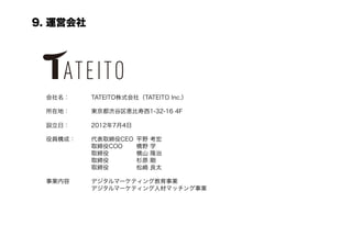 9. 運営会社




 会社名：     TATEITO株式会社（TATEITO Inc.）

 所在地：     東京都渋谷区恵比寿西1-32-16 4F

 設立日：     2012年7月4日

 役員構成：    代表取締役CEO    平野   考宏
          取締役COO      橋野   学
          取締役         横山   隆治
          取締役         杉原   剛
          取締役         松崎   良太

 事業内容     デジタルマーケティング教育事業
          デジタルマーケティング人材マッチング事業
 