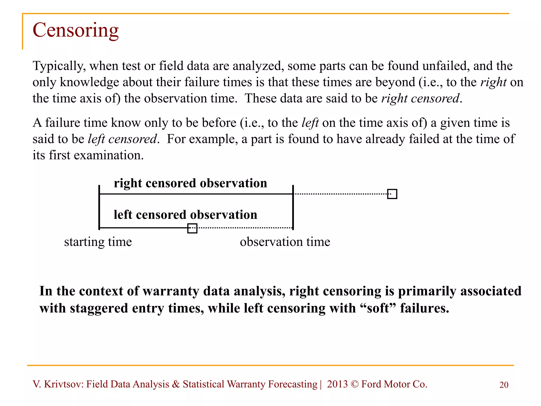 V. Krivtsov: Field Data Analysis & Statistical Warranty Forecasting | 2013 © Ford Motor Co. 20
Censoring
In the context of warranty data analysis, right censoring is primarily associated
with staggered entry times, while left censoring with “soft” failures.
Typically, when test or field data are analyzed, some parts can be found unfailed, and the
only knowledge about their failure times is that these times are beyond (i.e., to the right on
the time axis of) the observation time. These data are said to be right censored.
A failure time know only to be before (i.e., to the left on the time axis of) a given time is
said to be left censored. For example, a part is found to have already failed at the time of
its first examination.
observation time
right censored observation
left censored observation
starting time
 
