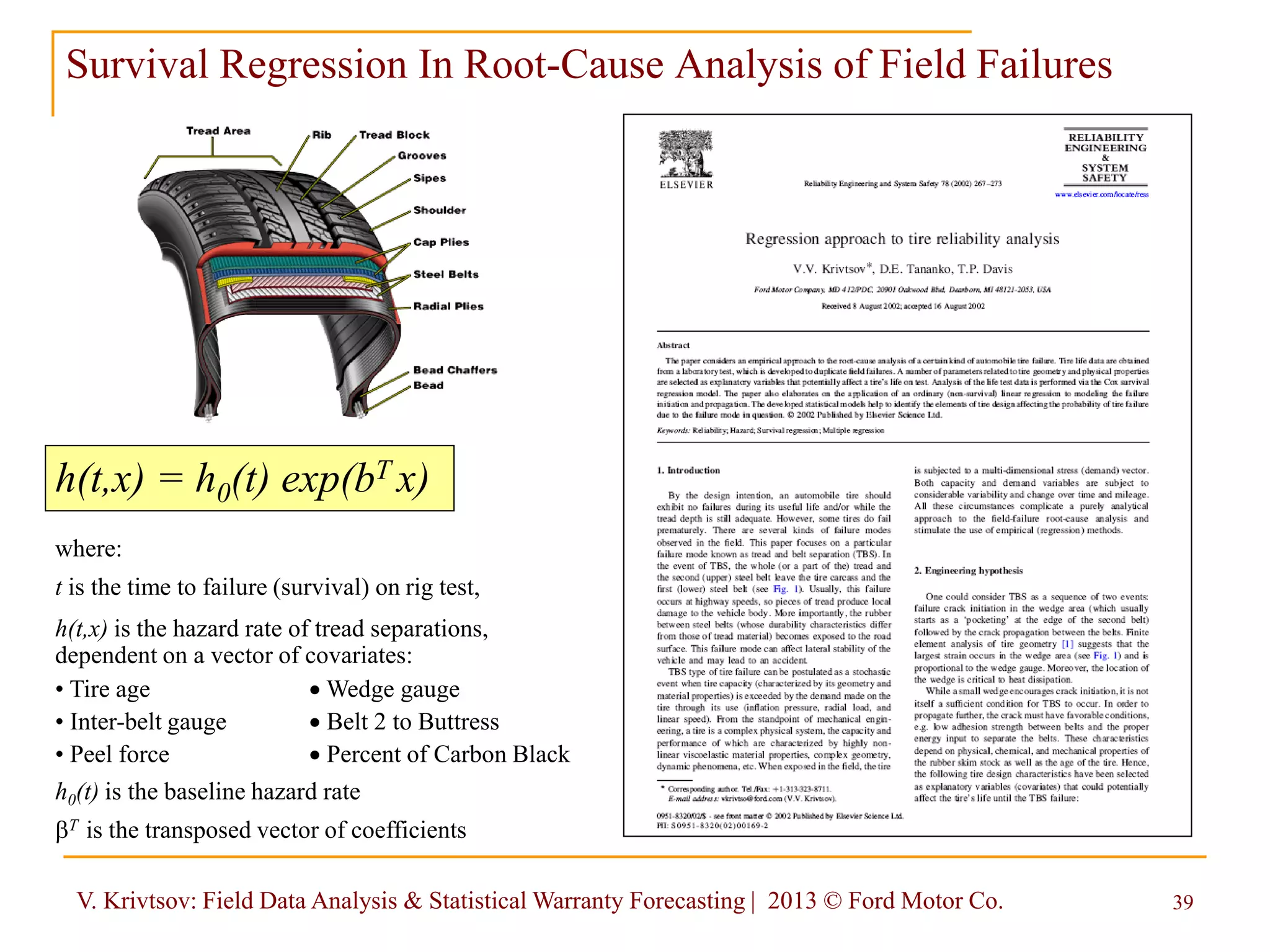 V. Krivtsov: Field Data Analysis & Statistical Warranty Forecasting | 2013 © Ford Motor Co. 39
Survival Regression In Root-Cause Analysis of Field Failures
h(t,x) = h0(t) exp(bT x)
where:
t is the time to failure (survival) on rig test,
h(t,x) is the hazard rate of tread separations,
dependent on a vector of covariates:
• Tire age  Wedge gauge
• Inter-belt gauge  Belt 2 to Buttress
• Peel force  Percent of Carbon Black
h0(t) is the baseline hazard rate
bT is the transposed vector of coefficients
 
