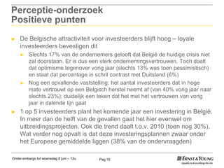 Pag 10
Perceptie-onderzoek
Positieve punten
► De Belgische attractiviteit voor investeerders blijft hoog – loyale
investeerders bevestigen dit
► Slechts 17% van de ondernemers gelooft dat België de huidige crisis niet
zal doorstaan. Er is dus een sterk ondernemingsvertrouwen. Toch daalt
dat optimisme tegenover vorig jaar (slechts 13% was toen pessimistisch)
en staat dat percentage in schril contrast met Duitsland (6%)
► Nog een opvallende vaststelling: het aantal investeerders dat in hoge
mate vertrouwt op een Belgisch herstel neemt af (van 40% vorig jaar naar
slechts 23%); duidelijk een teken dat het met het vertrouwen van vorig
jaar in dalende lijn gaat
► 1 op 5 investeerders plant het komende jaar een investering in België.
In meer dan de helft van de gevallen gaat het hier evenwel om
uitbreidingsprojecten. Ook die trend daalt t.o.v. 2010 (toen nog 30%).
Wat verder nog opvalt is dat deze investeringsplannen zwaar onder
het Europese gemiddelde liggen (38% van de ondervraagden)
Onder embargo tot woensdag 5 juni – 12u
 