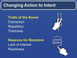Changing Action to Intent
Traits of the Bored
Distraction
Repetition
Tiredness
Reasons for Boredom
Lack of interest
Readiness
 