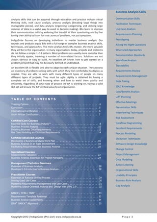 Copyright 2012 | IndigoCube (Pty) Ltd | www.indigocube.co.za P a g e 3
Analysis skills that can be acquired through education and practice include critical
thinking skills, root cause analysis, process analysis (breaking large things into
manageable pieces), and data analysis (organising, categorising, and utilising large
volumes of data in a useful way to assist in decision making). BAs learn to improve
their communication skills by widening the breadth of their questioning and by fine
tuning their ability to listen for true causes of problems, not just symptoms.
IndigoCube focuses on developing individuals to master business analysis. Our
courses and products equip BAs with a full range of complex business analysis skills,
techniques, and approaches. The more analysis tools BAs master, the more valuable
they will be to the organisation. In many organisations today, projects and problems
do not follow a simple 1-2-3 pattern. Most problems are usually more complex than
they initially appear, involving a number of interrelated factors. Solutions are not
always obvious or easy to build. An excellent BA knows how to get started on a
problem/project that may not be clearly defined or understood.
An excellent BA is flexible and able to adapt to each unique situation. They possess
an inventory of problem solving skills with which they feel comfortable to deploy as
needed. They are able to work with many different types of people on many
different types of projects. They must be agile. Agility is obtained by having a
complete set of skills; and knowing when and how to wield them quickly and
efficiently. Regardless of what type of project the BA is working on, having a solid
skill set will ensure the BA’s critical value to an organisation.
T A B L E O F C O N T E N T S
Training Options . . . . . . . . . . . . . . . . . . . . . . . . . . . . . . . . . . . . . . . . . . . . . . . . 4
Curriculum . . . . . . . . . . . . . . . . . . . . . . . . . . . . . . . . . . . . . . . . . . . . . . . . . . . . 5
International Certification . . . . . . . . . . . . . . . . . . . . . . . . . . . . . . . . . . . . . . . . . 6
South African Certification . . . . . . . . . . . . . . . . . . . . . . . . . . . . . . . . . . . . . . . . . 7
Certified Core Courses
Essential Skills for Business Analysis™ . . . . . . . . . . . . . . . . . . . . . . . . . . . . . . . . 8
Business Process Analysis . . . . . . . . . . . . . . . . . . . . . . . . . . . . . . . . . . . . . . . . . 10
Detailing Business Data Requirements . . . . . . . . . . . . . . . . . . . . . . . . . . . . . . . 12
Use Case Modeling and Solution Requirements . . . . . . . . . . . . . . . . . . . . . . . . . . 14
Certified Advanced Courses
Developing a Business Analysis Work Plan . . . . . . . . . . . . . . . . . . . . . . . . . . . . . 16
Business Analysis in an Agile Environment . . . . . . . . . . . . . . . . . . . . . . . . . . . . . 18
Facilitating Requirements for Business Analysis . . . . . . . . . . . . . . . . . . . . . . . . . 20
Specialised Courses
Requirements Validation . . . . . . . . . . . . . . . . . . . . . . . . . . . . . . . . . . . . . . . . . 22
Business Analysis Essentials for Project Managers . . . . . . . . . . . . . . . . . . . . . . . . 24
Management/Technical Seminars
Overview of Business Analysis . . . . . . . . . . . . . . . . . . . . . . . . . . . . . . . . . . . . . 28
Developer’s Introduction to Business Analysis . . . . . . . . . . . . . . . . . . . . . . . . . . . 28
Practitioner Courses
Essentials of Rational Unified Process . . . . . . . . . . . . . . . . . . . . . . . . . . . . . . . . 29
Writing Good Use Cases . . . . . . . . . . . . . . . . . . . . . . . . . . . . . . . . . . . . . . . . . . 30
Mastering Requirements Management with Use Cases . . . . . . . . . . . . . . . . . . . . . 31
Mastering Object-Oriented Analysis and Design with U ML 2.0 . . . . . . . . . . . . . . . 32
BABOK / CCBA / CBAP . . . . . . . . . . . . . . . . . . . . . . . . . . . . . . . . . . . . . . . . . . . 33
Requirements Template Roadmap . . . . . . . . . . . . . . . . . . . . . . . . . . . . . . . . . . . 33
Business Analyst Assessments . . . . . . . . . . . . . . . . . . . . . . . . . . . . . . . . . . . . . . 34
IIBA
®
BABOK
®
Alignment . . . . . . . . . . . . . . . . . . . . . . . . . . . . . . . . . . . . . . . . . 35
Business Analysis Skills
Communication Skills
Facilitation Techniques
Use Case Analysis
Requirements Planning
Prototyping
Asking the Right Questions
Structured Approaches
Documentation Standards
Workflow Analysis
Traceability
Requirements Review
Requirements Management
Note Taking
SDLC Knowledge
Cost/Benefit Analysis
UAT Planning
Effective Meetings
Presentation Skills
Interviewing Techniques
Risk Assessment
Dataflow Diagramming
Excellent Requirements
Process Modeling
Elicitation Techniques
Software Design Knowledge
Change Control
Project Management
Data Modeling
Active Listening
Organisational Skills
Usability Principles
Business Rule Analysis
Gap Analysis
 