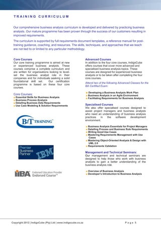 Copyright 2012 | IndigoCube (Pty) Ltd | www.indigocube.co.za P a g e 5
T R A I N I N G C U R R I C U L U M
Our comprehensive business analysis curriculum is developed and delivered by practicing business
analysts. Our mature programme has been proven through the success of our customers resulting in
improved requirements.
The curriculum is supported by full requirements document templates, a reference manual for post-
training guidance, coaching, and resources. The skills, techniques, and approaches that we teach
are not tied to or limited to any particular methodology.
Core Courses
Our core training programme is aimed at new
or experienced business analysts. These
courses comprise a complete curriculum and
are written for organisations looking to level-
set the business analyst role in their
companies and for individuals seeking a solid
foundational skill set. Our certification
programme is based on these four core
courses.
Core Courses:
■ Essential Skills for Business Analysis
■ Business Process Analysis
■ Detailing Business Data Requirements
■ Use Case Modeling & Solution Requirements
Advanced Courses
In addition to the four core courses, IndigoCube
offers courses that cover more advanced and
specialised business analysis topics. These
courses are designed for experienced business
analysts or to be taken after completing the four
core courses.
Attend two of the following Advanced Classes for the
BA Certified Exam:
■ Developing a Business Analysis Work Plan
■ Business Analysis in an Agile Environment
■ Facilitating Requirements for Business Analysis
Specialised Courses
We also offer specialised courses designed to
assist project managers and business analysts
who need an understanding of business analysis
practices in the software development
environment.
■ Business Analysis Essentials for Project Managers
■ Detailing Process and Business Rule Requirements
■ Writing Good Use Cases
■ Mastering Requirements Management with Use
Cases
■ Mastering Object-Oriented Analysis & Design with
UML 2.0
■ Requirements Validation
Management and Technical Seminars:
Our management and technical seminars are
designed to help those who work with business
analysts to gain a better understanding of the
business analysis role.
■ Overview of Business Analysis
■ Developer’s Introduction to Business Analysis
 