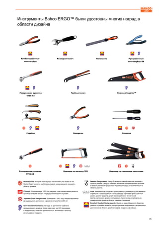 IX
EXCELLENT
SWEDISH DESIGN
EXCELLENT
SWEDISH DESIGN
EXCELLENT
SWEDISH DESIGN
EXCELLENT
SWEDISH DESIGN
EXCELLENT
SWEDISH DESIGN
EXCELLENT
SWEDISH DESIGN
EXCELLENT
SWEDISH DESIGN
EXCELLENT
SWEDISH DESIGN
EXCELLENT
SWEDISH DESIGN
Инструменты Bahco ERGO™ были удостоены многих наград в
области дизайна
Ножовка со сменными полотнами
Отвертки
Ножовка SuperiorTM
Напильник Прецизионные
плоскогубцы RX
Бокорезы
Трубный ключ
Разводной ключ
Скребки
Реверсивная рукоятка
8155-1/2
Комбинированные
плоскогубцы
Ножовка по металлу 325Реверсивная рукоятка
7755-3/8
Reddot Award: История этой награды насчитывает уже более 50 лет.
Reddot Award является наиболее значимой международной премией в
области дизайна.
IF Award: Учрежденная в 1953 году награда, в настоящее время является
одной из наиболее важных наград за инновационный дизайн.
Japanese Good Design Award: Учреждена в 1957 году. Награда вручается
за выдающиеся достижения в дизайне вот уже более 50 лет.
Goed Industrieel Ontwerp’: Награда за достижения в области
промышленного дизайна, более известная, как GIO, вручаемая
в Нидерландах, отмечает оригинальность, инновации и простоту
использования продукта.
Swedish Design Award: Design S является главной шведской наградой в
области дизайна. Design S отмечает творческие и инновационные решения
в области различной продукции и окружающей среды, вне зависимости от
области дизайна.
IDSA: Американское Общество Промышленных Дизайнеров (IDSA) является
старейшим и самым крупным в мире. Награда оценивает промышленный
дизайн, дизайн продукта, дизайн взаимодействия, человеческий
фактор, эргономику, дизайн исследования, проектирование управления,
универсальный дизайн и области, смежные с дизайном.
Excellent Swedish Design awards: Одной из задач Шведского общества
ремесел и дизайна является распространение информации о выдающихся
достижениях в области дизайна товаров, созданных в Швеции.
 