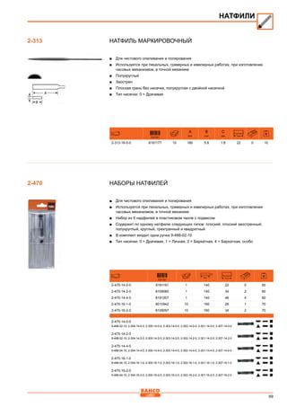 89
Натфиль маркировочный
■■ Для чистового опиливания и полирования
■■ Используется при лекальных, граверных и ювелирных работах, при изготовлении
часовых механизмов, в точной механике
■■ Полукруглый
■■ Заострен
■■ Плоская грань без насечки, полукруглая с двойной насечкой
■■ Тип насечки: 0 = Драчевая
731151
A
mm
B
mm
C
mm T/cm
2-313-16-0-0 8191177 10 160 5.8 1.8 22 0 10
Наборы натфилей
■■ Для чистового опиливания и полирования
■■ Используется при лекальных, граверных и ювелирных работах, при изготовлении
часовых механизмов, в точной механике
■■ Набор из 6 надфилей в пластиковом чехле с подвесом
■■ Содержит по одному натфилю следующих типов: плоский, плоский заостренный,
полукруглый, круглый, трехгранный и квадратный
■■ В комплект входит одна ручка 9-488-02-10
■■ Тип насечки: 0 = Драчевая, 1 = Личная, 2 = Бархатная, 4 = Бархатная, особо
731151
mm T/cm
2-470-14-0-0 8191191 1 140 22 0 60
2-470-14-2-0 8109080 1 140 34 2 60
2-470-14-4-0 8191207 1 140 48 4 60
2-470-16-1-0 8010942 10 160 26 1 70
2-470-16-2-0 8109097 10 160 34 2 70
2-470-14-0-0
9-488-02-10; 2-304-14-0-0; 2-300-14-0-0; 2-303-14-0-0; 2-302-14-0-0; 2-301-14-0-0; 2-307-14-0-0
2-470-14-2-0
9-488-02-10; 2-304-14-2-0; 2-300-14-2-0; 2-303-14-2-0; 2-302-14-2-0; 2-301-14-2-0; 2-307-14-2-0
2-470-14-4-0
9-488-04-10; 2-304-14-4-0; 2-300-14-4-0; 2-303-14-4-0; 2-302-14-4-0; 2-301-14-4-0; 2-307-14-4-0
2-470-16-1-0
9-488-04-10; 2-304-16-1-0; 2-300-16-1-0; 2-303-16-1-0; 2-302-16-1-0; 2-301-16-1-0; 2-307-16-1-0
2-470-16-2-0
9-488-04-10; 2-304-16-2-0; 2-300-16-2-0; 2-303-16-2-0; 2-302-16-2-0; 2-301-16-2-0; 2-307-16-2-0
НАТФИЛИ
2-313
2-470
 