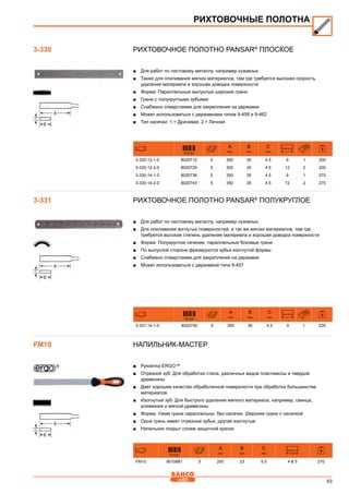 93
Рихтовочное полотно Pansar®
плоское
■■ Для работ по листовому металлу, например кузовных
■■ Также для опиливания мягких материалов, там где требуется высокая скорость
удаления материала и хорошая доводка поверхности
■■ Форма: Параллельные выпуклые широкие грани
■■ Грани с полукруглыми зубьями
■■ Снабжено отверстиями для закрепления на державке
■■ Может использоваться с державками типов 9-458 и 9-462
■■ Тип насечки: 1 = Драчевая, 2 = Личная
731151
A
mm
B
mm
C
mm
3-330-12-1-0 8020712 5 300 30 4.5 9 1 200
3-330-12-2-0 8020729 5 300 30 4.5 12 2 200
3-330-14-1-0 8020736 5 350 35 4.5 9 1 270
3-330-14-2-0 8020743 5 350 35 4.5 12 2 270
Рихтовочное полотно Pansar®
полукруглое
■■ Для работ по листовому металлу, например кузовных
■■ Для опиливания вогнутых поверхностей, а так же мягких материалов, там где
требуется высокая степень удаления материала и хорошая доводка поверхности
■■ Форма: Полукруглое сечение, параллельные боковые грани
■■ По выпуклой стороне фрезеруются зубья изогнутой формы
■■ Снабжено отверстиями для закрепления на державке
■■ Может использоваться с державкой типа 9-457
731151
A
mm
B
mm
C
mm
3-331-14-1-0 8020750 5 350 36 4.5 9 1 235
Напильник-мастер
■■ Рукоятка ERGO™
■■ Отрезной зуб: Для обработки стали, различных видов пластмассы и твердой
древесины
■■ Дает хорошее качество обработанной поверхности при обработке большинства
материалов
■■ Изогнутый зуб: Для быстрого удаления мягкого материала, например, свинца,
алюминия и мягкой древесины
■■ Форма: Узкие грани параллельны, без насечки. Широкие грани с насечкой
■■ Одна грань имеет отрезные зубья, другая изогнутые
■■ Напильник покрыт слоем защитной краски
731151
A
mm
B
mm
C
mm T/cm
FM10 8010881 5 250 23 5.5 4  5 270
РИХТОВОЧНЫЕ ПОЛОТНА
3-330
3-331
FM10
 