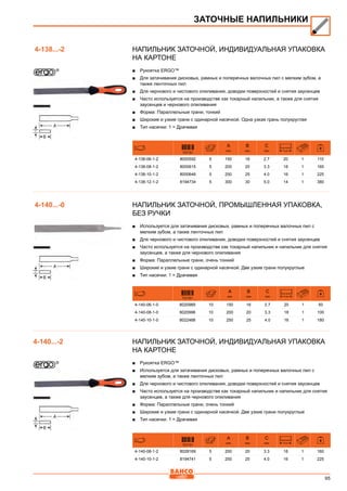 95
Напильник заточной, Индивидуальная упаковка
на картоне
■■ Рукоятка ERGO™
■■ Для затачивания дисковых, рамных и поперечных валочных пил с мелким зубом, а
также ленточных пил
■■ Для чернового и чистового опиливания, доводки поверхностей и снятия заусенцев
■■ Часто используется на производстве как токарный напильник, а также для снятия
заусенцев и чернового опиливания
■■ Форма: Параллельные грани, тонкий
■■ Широкие и узкие грани с одинарной насечкой. Одна узкая грань полукруглая
■■ Тип насечки: 1 = Драчевая
731151
A
mm
B
mm
C
mm T/cm
4-138-06-1-2 8000592 5 150 16 2.7 20 1 110
4-138-08-1-2 8000615 5 200 20 3.3 18 1 160
4-138-10-1-2 8000646 5 250 25 4.0 16 1 225
4-138-12-1-2 8194734 5 300 30 5.0 14 1 380
Напильник заточной, Промышленная упаковка,
без ручки
■■ Используется для затачивания дисковых, рамных и поперечных валочных пил с
мелким зубом, а также ленточных пил
■■ Для чернового и чистового опиливания, доводки поверхностей и снятия заусенцев
■■ Часто используется на производстве как токарный напильник и напильник для снятия
заусенцев, а также для чернового опиливания
■■ Форма: Параллельные грани, очень тонкий
■■ Широкие и узкие грани с одинарной насечкой. Две узкие грани полукруглые
■■ Тип насечки: 1 = Драчевая
731151
A
mm
B
mm
C
mm T/cm
4-140-06-1-0 8020989 10 150 16 2.7 20 1 50
4-140-08-1-0 8020996 10 200 20 3.3 18 1 100
4-140-10-1-0 8022488 10 250 25 4.0 16 1 180
Напильник заточной, Индивидуальная упаковка
на картоне
■■ Рукоятка ERGO™
■■ Используется для затачивания дисковых, рамных и поперечных валочных пил с
мелким зубом, а также ленточных пил
■■ Для чернового и чистового опиливания, доводки поверхностей и снятия заусенцев
■■ Часто используется на производстве как токарный напильник и напильник для снятия
заусенцев, а также для чернового опиливания
■■ Форма: Параллельные грани, очень тонкий
■■ Широкие и узкие грани с одинарной насечкой. Две узкие грани полукруглые
■■ Тип насечки: 1 = Драчевая
731151
A
mm
B
mm
C
mm T/cm
4-140-08-1-2 8028169 5 200 20 3.3 18 1 160
4-140-10-1-2 8194741 5 250 25 4.0 16 1 225
ЗАТОЧНЫЕ НАПИЛЬНИКИ
4-138...-2
4-140...-0
4-140...-2
 