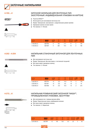 102
Заточной напильник для ленточных пил,
заостренный, Индивидуальная упаковка на картоне
■■ Рукоятка ERGO™
■■ Используется для затачивания ленточных пил
■■ Форма: Трехгранный, заостренный, с закругленными узкими гранями
■■ Одинарная насечка на всех гранях
■■ Тип насечки: 2 = Личная
731151
A
mm
B
mm T/cm
4-192-06-2-2 8201463 5 150 11.7 17 2 140
4-192-08-2-2 8201487 5 200 14.4 15 2 180
Напильник станочный заточной для ленточных
пил
■■ Для затачивания ленточных пил
■■ Форма: Трехгранный, без хвостовика, с постоянной толщинойl
■■ Все грани имеют одинарную насечку
■■ Тип насечки: 2 = Личная
731151
A
mm
B
mm T/cm
4-202-85-2-0 8021474 10 212 14.4 15 2 175
4-203-85-2-0 8021481 10 212 9.5 18 2 70
4-204-85-2-0 8021498 10 212 16.0 15 2 210
Напильник ромбический заточной Wasa®
,
Промышленная упаковка, без ручки
■■ Для затачивания пил с прямым мелким зубом
■■ Форма: Параллельные грани, ромбовидное сечение
■■ Все грани имеют одинарную насечку
■■ Тип насечки: 3 = Бархатная
731151
A
mm
B
mm
C
mm T/cm
4-272-06-3-0 8021597 10 150 16.0 4.0 23 3 50
ЗАТОЧНЫЕ НАПИЛЬНИКИ
4-192...-2
4-202 - 4-204
4-272...-0
 