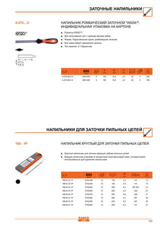 103
Напильник ромбический заточной Wasa®
,
Индивидуальная упаковка на картоне
■■ Рукоятка ERGO™
■■ Для затачивания пил с прямым мелким зубом
■■ Форма: Параллельные грани, ромбовидное сечение
■■ Все грани имеют одинарную насечку
■■ Тип насечки: 3 = Бархатная
731151
A
mm
B
mm
C
mm T/cm
4-272-05-3-2 8201500 5 125 16.0 4.0 23 3 100
4-272-06-3-2 8001025 5 150 16.0 4.0 23 3 105
Напильник круглый для заточки пильных цепей
■■ Круглый напильник для заточки режущих зубьев пильных цепей
■■ Каждый напильник упакован в прозрачный пластмассовый пакет, который может
использоваться для хранения напильника
731151
mm
Ø
mm
168-6-3.2-1P 8152338 12 150 3.2 1/4” 13
168-6-3.5-1P 8152345 12 150 3.5 1/4” 15
168-8-4.0-1P 8152352 12 200 4.0 3/8” RG 23
168-8-4.5-1P 8152369 12 200 4.5 .325 27
168-8-4.8-1P 8152376 12 200 4.8 .325 31
168-8-5.2-1P 8152383 12 200 5.2 3/8” 36
168-8-5.5-1P 8152390 12 200 5.5 3/8” 39
168-8-6.3-1P 8152406 12 200 6.3 1/2” 51
ЗАТОЧНЫЕ НАПИЛЬНИКИ
4-272...-2
НАПИЛЬНИКИ ДЛЯ ЗАТОЧКИ ПИЛЬНЫХ ЦЕПЕЙ
168 - 1P
 