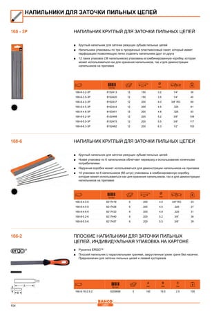 104
Напильник круглый для заточки пильных цепей
■■ Круглый напильник для заточки режущих зубьев пильных цепей
■■ Напильники упакованы по три в прозрачный пластмассовый пакет, который имеет
перфорацию позволяющую легко отделять напильники друг от друга
■■ 12 таких упаковок (36 напильников) упакованы в комбинированную коробку, которая
может использоваться как для хранения напильников, так и для демонстрации
напильников на прилавке
731151
mm
Ø
mm
168-6-3.2-3P 8152413 12 150 3.2 1/4” 39
168-6-3.5-3P 8152420 12 150 3.5 1/4” 45
168-8-4.0-3P 8152437 12 200 4.0 3/8” RG 69
168-8-4.5-3P 8152444 12 200 4.5 .325 81
168-8-4.8-3P 8152451 12 200 4.8 .325 93
168-8-5.2-3P 8152468 12 200 5.2 3/8” 108
168-8-5.5-3P 8152475 12 200 5.5 3/8” 117
168-8-6.3-3P 8152482 12 200 6.3 1/2” 153
Напильник круглый для заточки пильных цепей
■■ Круглый напильник для заточки режущих зубьев пильных цепей
■■ Новая упаковка по 6 напильников облегчает перевозку и использование конечными
потребителями
■■ Наружная коробка может использоваться для демонстрации напильников на прилавке
■■ 10 упаковок по 6 напильников (60 штук) упакованы в комбинированную коробку,
которая может использоваться как для хранения напильников, так и для демонстрации
напильников на прилавке
731151
mm
Ø
mm
168-8-4.0-6 8217419 6 200 4.0 3/8” RG 23
168-8-4.5-6 8217426 6 200 4.5 .325 27
168-8-4.8-6 8217433 6 200 4.8 .325 31
168-8-5.2-6 8217440 6 200 5.2 3/8” 36
168-8-5.5-6 8217457 6 200 5.5 3/8” 39
Плоские напильники для заточки пильных
цепей, Индивидуальная упаковка на картоне
■■ Рукоятка ERGO™
■■ Плоский напильник с параллельными гранями, закругленные узкие грани без насечки.
Предназначен для заточки пильных цепей и лезвий кусторезов
731151
A
mm
B
mm
C
mm
166-6-16-2.5-2 8209698 5 150 16.0 2.5 105
НАПИЛЬНИКИ ДЛЯ ЗАТОЧКИ ПИЛЬНЫХ ЦЕПЕЙ
168 - 3P
168-6
166-2
 