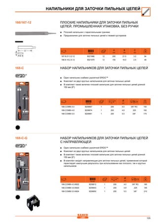 105
Плоские напильники для заточки пильных
цепей, Промышленная упаковка, без ручки
■■ Плоский напильник с параллельными гранями
■■ Предназначен для заточки пильных цепей и лезвий кусторезов
731151
A
mm
B
mm
C
mm
167-8-21-3.2-12 8021986 12 200 21.0 3.2 94
166-6-16-2.5-12 8021979 12 150 16.0 2.5 48
Набор напильников для заточки пильных цепей
■■ Один напильник снабжен рукояткой ERGO™
■■ Комплект из двух круглых напильников для заточки пильных цепей
■■ В комплект также включен плоский напильник для заточки пильных цепей длиной
150 мм (6)
731151
mm
Ø
mm
168-COMBI-4.0 8209667 1 200 4.0 3/8” RG 150
168-COMBI-4.8 8209674 1 200 4.8 .325 160
168-COMBI-5.5 8209681 1 200 5.5 3/8” 175
Набор напильников для заточки пильных цепей
с направляющей
■■ Один напильник снабжен рукояткой ERGO™
■■ Комплект из двух круглых напильников для заточки пильных цепей
■■ В комплект также включен плоский напильник для заточки пильных цепей длиной
150 мм (6)
■■ В комплект входит направляющая для заточки пильных цепей, применение которой
гарантирует наилучшие результаты при использовании как плоского, так и круглых
напильников
731151
mm
Ø
mm
168-COMBI-4.0-6922 8209612 1 200 4.0 3/8” RG 185
168-COMBI-4.8-6920 8209643 1 200 4.8 .325 195
168-COMBI-5.5-6924 8209650 1 200 5.5 3/8” 210
НАПИЛЬНИКИ ДЛЯ ЗАТОЧКИ ПИЛЬНЫХ ЦЕПЕЙ
166/167-12
168-C
168-C-G
 
