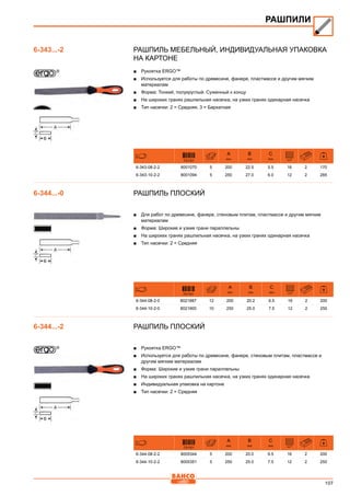 107
Рашпиль мебельный, Индивидуальная упаковка
на картоне
■■ Рукоятка ERGO™
■■ Используется для работы по древесине, фанере, пластмассе и другим мягким
материалам
■■ Форма: Тонкий, полукруглый. Суженный к концу
■■ На широких гранях рашпильная насечка, на узких гранях одинарная насечка
■■ Тип насечки: 2 = Средняя, 3 = Бархатная
731151
A
mm
B
mm
C
mm /cm2
6-343-08-2-2 8001070 5 200 22.5 5.5 16 2 170
6-343-10-2-2 8001094 5 250 27.0 6.0 12 2 285
Рашпиль плоский
■■ Для работ по древесине, фанере, стеновым плитам, пластмассе и другим мягким
материалам
■■ Форма: Широкие и узкие грани параллельны
■■ На широких гранях рашпильная насечка, на узких гранях одинарная насечка
■■ Тип насечки: 2 = Средняя
731151
A
mm
B
mm
C
mm /cm2
6-344-08-2-0 8021887 12 200 20.2 6.5 16 2 200
6-344-10-2-0 8021900 10 250 25.0 7.5 12 2 250
Рашпиль плоский
■■ Рукоятка ERGO™
■■ Используется для работы по древесине, фанере, стеновым плитам, пластмассе и
другим мягким материалам
■■ Форма: Широкие и узкие грани параллельны
■■ На широких гранях рашпильная насечка, на узких гранях одинарная насечка
■■ Индивидуальная упаковка на картоне
■■ Тип насечки: 2 = Средняя
731151
A
mm
B
mm
C
mm /cm2
6-344-08-2-2 8005344 5 200 20.0 6.5 16 2 200
6-344-10-2-2 8005351 5 250 25.0 7.5 12 2 250
РАШПИЛИ
6-343...-2
6-344...-0
6-344...-2
 