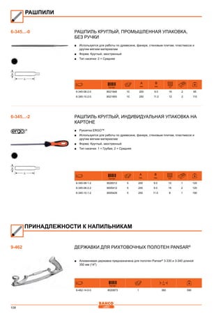 108
Рашпиль круглый, Промышленная упаковка,
без ручки
■■ Используется для работы по древесине, фанере, стеновым плитам, пластмассе и
другим мягким материалам
■■ Форма: Круглый, заостренный
■■ Тип насечки: 2 = Средняя
731151
A
mm
B
mm /cm2
6-345-08-2-0 8021948 10 200 9.0 16 2 85
6-345-10-2-0 8021955 10 250 11.0 12 2 110
Рашпиль круглый, Индивидуальная упаковка на
картоне
■■ Рукоятка ERGO™
■■ Используется для работы по древесине, фанере, стеновым плитам, пластмассе и
другим мягким материалам
■■ Форма: Круглый, заостренный
■■ Тип насечки: 1 = Грубая, 2 = Средняя
731151
A
mm
B
mm /cm2
6-345-08-1-2 8028312 5 200 9.0 10 1 120
6-345-08-2-2 8005412 5 200 9.0 16 2 120
6-345-10-1-2 8005429 5 250 11.0 8 1 190
Державки для рихтовочных полотен Pansar®
■■ Алюминевая державка предназначена для полотен Pansar®
3-330 и 3-340 длиной
350 мм (14)
731151
L
mm
9-462-14-0-0 8020873 1 360 590
РАШПИЛИ
6-345...-0
6-345...-2
ПРИНАДЛЕЖНОСТИ К НАПИЛЬНИКАМ
9-462
 