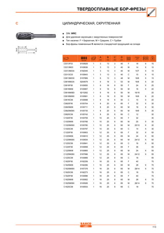113
Цилиндрическая, скругленная
■■ DIN: WRC
■■ Для удаления заусенцев с закругленных поверхностей
■■ Тип насечки: F = Бархатная, M = Средняя, C = Грубая
■■ Бор-фрезы помеченные X являются стандартной продукцией на складе
731151
A
mm
B
mm
C
mm
D
mm
C0313F03 8100629 1 3 13 3 40 F 18 X 10
C0313M03 8100636 1 3 13 3 40 M 14 X 10
C0313M03X 8182045 1 3 13 3 40 M 14/7 X 10
C0313C03 8100643 1 3 13 3 40 C 10 X 10
C0613M03X 8197889 1 6 13 3 48 M 16/8 X 15
C0616M03X 8204679 1 6 16 3 53 M 16/8 X 20
C0616F06 8100650 1 6 16 6 50 F 24 X 20
C0616M06 8100667 1 6 16 6 50 M 16 X 20
C0616M06D 8215262 1 6 16 6 50 M 16/16 20
C0616M06X 8100681 1 6 16 6 50 M 16/8 X 20
C0616C06 8100698 1 6 16 6 50 C 10 X 20
C0820F06 8100704 1 8 20 6 60 F 32 X 30
C0820M06 8100711 1 8 20 6 60 M 18 X 30
C0820M06X 8100735 1 8 20 6 60 M 18/9 X 30
C0820C06 8100742 1 8 20 6 60 C 12 30
C1020F06 8100759 1 10 20 6 60 F 32 30
C1020M06 8100766 1 10 20 6 60 M 20 X 30
C1020M06X 8100780 1 10 20 6 60 M 20/10 X 30
C1020C06 8100797 1 10 20 6 60 C 14 X 30
C1225F06 8100803 1 12 25 6 65 F 32 X 50
C1225M06 8100810 1 12 25 6 65 M 24 X 50
C1225M06X 8100834 1 12 25 6 65 M 24/12 X 50
C1225C06 8100841 1 12 25 6 65 C 16 X 50
C1225F08 8100858 1 12 25 8 65 F 36 55
C1225M08 8100865 1 12 25 8 65 M 24 X 55
C1225M08X 8187996 1 12 25 8 65 M 24/12 X 55
C1225C08 8100889 1 12 25 8 65 C 16 55
C1625F06 8192259 1 16 25 6 65 F 40 70
C1625M06 8192266 1 16 25 6 65 M 28 X 70
C1625M06X 8187378 1 16 25 6 65 M 28/14 X 70
C1625C06 8192273 1 16 25 6 65 C 18 70
C1625F08 8100896 1 16 25 8 65 F 40 70
C1625M08 8100902 1 16 25 8 65 M 28 X 70
C1625M08X 8100926 1 16 25 8 65 M 28/14 X 70
C1625C08 8100933 1 16 25 8 65 C 18 70
ТВЕРДОСПЛАВНЫЕ БОР-ФРЕЗЫ
C
 