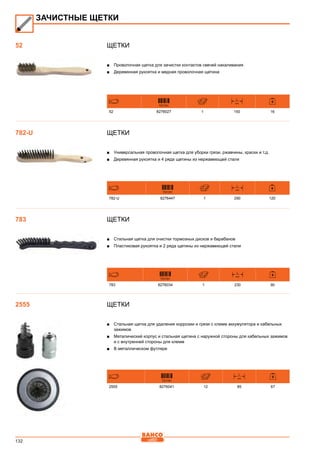 132
Щетки
■■ Проволочная щетка для зачистки контактов свечей накаливания
■■ Деревянная рукоятка и медная проволочная щетина
731151
L
mm
52 8276027 1 150 16
Щетки
■■ Универсальная проволочная щетка для уборки грязи, ржавчины, краски и т.д.
■■ Деревянная рукоятка и 4 ряда щетины из нержавеющей стали
731151
L
mm
782-U 8276447 1 290 120
Щетки
■■ Стальная щетка для очистки тормозных дисков и барабанов
■■ Пластиковая рукоятка и 2 ряда щетины из нержавеющей стали
731151
L
mm
783 8276034 1 230 90
Щетки
■■ Стальная щетка для удаления коррозии и грязи с клемм аккумулятора и кабельных
зажимов
■■ Металический корпус и стальная щетина с наружной стороны для кабельных зажимов
и с внутренней стороны для клемм
■■ В металлическом футляре
731151
L
mm
2555 8276041 12 85 67
Зачистные щетки
52
782-U
783
2555
 