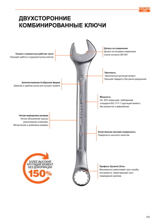 139
ДВУХСТОРОННИЕ
КОМБИНИРОВАННЫЕ КЛЮЧИ
Профиль Dynamic Drive
Максимально увеличивает срок службы
инструмента, предотвращает риск
повреждения крепежа
Тонкие и компактные рабочие части
Упрощает работу в труднодоступных местах
Допуск на соединение
Допуск на концевое соединение
ключа согласно ISO 691
Запатентованная U-образная форма
Широкая и удобная ручка для лучшего захвата
Прочность
Увеличенный крутящий момент
Большая твердость без риска разрушения
Четкая маркировка размера
Четкое обозначение хорошо
различимыми штампами.
Метрические и дюймовые размеры
Мощность
На 50% превышает требованиям
стандарта ISO 1711-1 (крутящий момент)
без раскрытия и деформации
Качественная матовая поверхность
Поверхность высокого качества
БОЛЕЕ ВЫСОКИЙ
КРУТЯЩИЙ МОМЕНТ
БЕЗ ДЕФОРМАЦИИ
 
