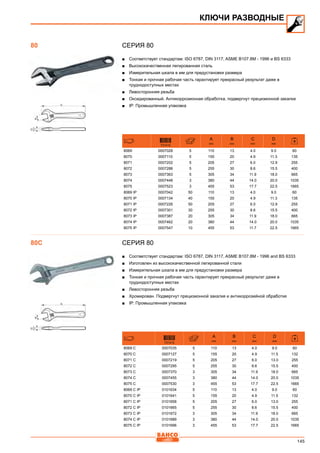 145
СЕРИЯ 80
■■ Соответствует стандартам: ISO 6787, DIN 3117, ASME B107.8M - 1996 и BS 6333
■■ Высококачественная легированная сталь
■■ Измерительная шкала в мм для предустановки размера
■■ Тонкая и прочная рабочая часть гарантирует прекрасный результат даже в
труднодоступных местах
■■ Левосторонняя резьба
■■ Оксидированный. Антикоррозионная обработка, подвергнут прецизионной закалке
■■ IP: Промышленная упаковка
731415
A
mm
B
mm
C
mm
D
mm
8069 0007028 5 110 13 4.0 9.0 60
8070 0007110 5 155 20 4.9 11.3 135
8071 0007202 5 205 27 6.0 12.9 255
8072 0007288 5 255 30 8.6 15.5 400
8073 0007363 5 305 34 11.9 18.0 665
8074 0007448 3 380 44 14.0 20.0 1035
8075 0007523 3 455 53 17.7 22.5 1665
8069 IP 0007042 50 110 13 4.0 9.0 60
8070 IP 0007134 40 155 20 4.9 11.3 135
8071 IP 0007226 50 205 27 6.0 12.9 255
8072 IP 0007301 30 255 30 8.6 15.5 400
8073 IP 0007387 20 305 34 11.9 18.0 665
8074 IP 0007462 20 380 44 14.0 20.0 1035
8075 IP 0007547 10 455 53 11.7 22.5 1665
СЕРИЯ 80
■■ Соответствует стандартам: ISO 6787, DIN 3117, ASME B107.8M - 1996 and BS 6333
■■ Изготовлен из высококачественной легированной стали
■■ Измерительная шкала в мм для предустановки размера
■■ Тонкая и прочная рабочая часть гарантирует прекрасный результат даже в
труднодоступных местах
■■ Левосторонняя резьба
■■ Хромирован. Подвергнут прецизионной закалке и антикоррозийной обработке
■■ IP: Промышленная упаковка
731415
A
mm
B
mm
C
mm
D
mm
8069 C 0007035 5 110 13 4.0 9.0 60
8070 C 0007127 5 155 20 4.9 11.5 132
8071 C 0007219 5 205 27 6.0 13.0 255
8072 C 0007295 5 255 30 8.6 15.5 400
8073 C 0007370 3 305 34 11.9 18.0 665
8074 C 0007455 3 380 44 14.0 20.0 1035
8075 C 0007530 3 455 53 17.7 22.5 1665
8069 C IP 0101634 5 110 13 4.0 9.0 60
8070 C IP 0101641 5 155 20 4.9 11.5 132
8071 C IP 0101658 5 205 27 6.0 13.0 255
8072 C IP 0101665 5 255 30 8.6 15.5 400
8073 C IP 0101672 3 305 34 11.9 18.0 665
8074 C IP 0101689 3 380 44 14.0 20.0 1035
8075 C IP 0101696 3 455 53 17.7 22.5 1665
КЛЮЧИ РАЗВОДНЫЕ
80
80C
 
