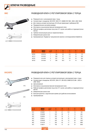 148
Разводной ключ с регулировкой зева с торца
■■ Разводной ключ с регулировкой зева с торца
■■ Соответствует стандартам: ISO 6787, DIN 3117, ASME B107.8M - 2003, UNE 16532
■■ Для тяжелых условий эксплуатации. В 2,25 раз превосходит требования ISO
■■ Предварительная настройка размера
■■ Изготовлен из высококачественной легированной стали
■■ Рабочий профиль расположен под углом 15° к ручке, для работы в труднодоступных
местах
■■ Удобная нескользящая ручка из термопластмассы
■■ Измерительная шкала в мм
■■ Хромированный. Подвергнут прецизионной закалке и антикоррозийной обработке
731415
A
mm
B
mm
C
mm
D
mm
9570C 0191215 1 158 20 6.5 12 175
9571C 0191222 1 208 27 7.5 14 300
9572C 0191239 5 257 35 9.5 16 500
9573C 0191246 3 308 39.5 13 18 750
Разводной ключ с регулировкой зева с торца
■■ Разводной ключ для тяжелых условий эксплуатации с регулировкой зева с торца
■■ Соответствует стандартам: ISO 6787, DIN 3117, BS 6333, ASME B107.8M – 2003 и
UNE 16532
■■ Цельнокованый
■■ Изготовлен из высококачественной легированной стали
■■ Рабочий профиль расположен под углом 15° к ручке, для работы в труднодоступных
местах
■■ Измерительная шкала в мм
■■ Большая рукоятка с округленными краями для удобства использования
■■ Хромированный
731415
A
mm
B
mm
C
mm
D
mm
91C 0182381 1 155 21 6,5 12 140
92C 0182398 1 205 29 8 14 290
93C 0182404 1 255 34 9 17 510
94C 0182411 1 305 39 10 20 795
95C 0182428 1 405 49 14 26 1620
96C 0134120 1 500 62 17 30 2860
97C 0128211 1 750 77 23 37 5500
КЛЮЧИ РАЗВОДНЫЕ
95C
91C/97C
91C
97C
 