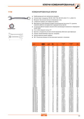 149
Комбинированные ключи
■■ Комбинированный ключ метрических размеров
■■ Соответствует стандартам: ISO 691, ISO 7738, ISO 3318, ISO 1711-1 и DIN 3113
■■ Материал: Высококачественная легированная сталь
■■ U-образный профиль для комфортной работы
■■ Максимально узкий рожковый профиль расположенный под углом 15° к рукоятке
позволяет работать инструментом в труднодоступных местах
■■ 12-гранный рабочий профиль Dynamic-Drive минимизирует возможность повреждения
граней гайки
■■ Угол отгиба накидного кольца 15°
■■ Крупная и стандартная для всех ключей маркировка облегчает идентификацию
■■ Отделка: Хромоникелевое покрытие, полировка
■■ Запатентованный дизайн профиля
■■ SB = Розничная упаковка на пластмассовой подложке с описанием
731415 mm
L
mm
a1xa2
mm
b1xb2
mm
111M-5.5 1828608 10 5.5 112 5.0x3.7 10.0x14.3 17
111M-6 1828615 10 6 112 5.0x3.7 10.0x14.3 17
111M-7 1828622 10 7 120 5.3x3.8 11.7x17.1 21
111M-8 1828639 10 8 130 5.8x4.2 12.8x19.0 28
111M-9 1828646 10 9 136 6.1x4.4 14.0x21.0 31
111M-10 1828653 10 10 144 6.5x5.1 15.7x22.9 42
111M-11 1828660 10 11 153 6.9x5.4 17.2x25.2 50
111M-12 1828677 10 12 160 7.1x5.6 18.4x27.0 60
111M-13 1828684 10 13 169 7.6x5.8 19.7x29.2 70
111M-14 1828691 10 14 177 8.2x6.3 21.7x31.0 85
111M-15 1828707 10 15 185 8.4x6.7 22.7x33.5 95
111M-16 1828714 10 16 195 9.0x7.1 24.0x35.5 114
111M-17 1828721 10 17 200 9.6x7.2 25.6x37.5 128
111M-18 1828738 10 18 208 10.0x7.5 26.8x39.1 140
111M-19 1828745 10 19 218 10.9x7.8 28.3x41.3 166
111M-20 1828752 10 20 240 11.4x7.7 29.8x42.0 185
111M-21 1828769 10 21 250 12.2x7.9 32.9x45.0 210
111M-22 1828776 5 22 250 12.2x7.9 32.9x45.0 210
111M-23 1828783 5 23 280 13.2x8.4 36.1x49.0 280
111M-24 1828790 5 24 270 13.2x8.4 36.1x49.0 280
111M-25 1828806 5 25 290 14.2x8.9 40.0x53.0 345
111M-26 1828813 5 26 290 14.2x8.9 40.0x53.0 345
111M-27 1828820 5 27 310 14.7x8.9 42.0x58.0 392
111M-28 1828837 5 28 310 14.7x8.9 42.0x58.0 392
111M-29 1828844 5 29 330 15.2x9.5 46.1x60.0 465
111M-30 1828851 5 30 330 15.2x9.5 46.1x60.0 465
111M-32 1828868 5 32 350 16.2x9.5 49.2x67.0 550
111M-34 1828875 5 34 350 16.2x9.5 49.2x67.0 550
111M-36 0135516 1 36 410 19.4x13.5 53.0x74.0 800
111M-41 0135523 1 41 460 21.6x16.0 61.0x84.0 1160
111M-46 0135530 1 46 500 23.0x17.0 66.0x92.0 1700
111M-50 0135547 1 50 540 24.6x18.0 73.0x102 2000
111M-55 0135554 1 55 560 21.5x28.0 86.0x118 2800
111M-60 0135561 1 60 600 23.5x30.0 94.0x126 3900
111M-65 0135578 1 65 680 25.0x32.0 108x148 5800
111M-70 0135585 1 70 680 25.0x32.0 108x148 5800
111M-75 0135592 1 75 730 25.0x35.0 115x155 6500
111M-80 0135608 1 80 730 25.0x35.0 115x155 6500
SB111M-6 1839826 1 6 112 5.0x3.7 10.0x14.3 27
SB111M-7 1839833 1 7 120 5.3x3.8 11.7x17.1 31
SB111M-8 1839840 1 8 130 5.8x4.2 12.8x19.0 38
SB111M-9 1839857 1 9 136 6.1x4.4 14.0x21.0 41
SB111M-10 1839864 1 10 144 6.5x5.1 15.7x22.9 52
SB111M-11 1839871 1 11 153 6.9x5.4 17.2x25.2 60
SB111M-12 1839888 1 12 160 7.1x5.6 18.4x27.0 70
SB111M-13 1839895 1 13 169 7.6x5.8 19.7x29.2 80
SB111M-14 1839901 1 14 177 8.2x6.3 21.7x31.0 95
SB111M-15 1839918 1 15 185 8.4x6.7 22.7x33.5 105
SB111M-16 1839925 1 16 195 9.0x7.1 24.0x35.5 124
SB111M-17 1839932 1 17 200 9.6x7.2 25.6x37.5 138
SB111M-18 1839949 1 18 208 10.0x7.5 26.8x39.1 150
SB111M-19 1839956 1 19 218 10.9x7.8 28.3x41.3 176
SB111M-20 1839963 1 20 240 11.4x7.7 29.8x42.0 195
SB111M-21 1839970 1 21 250 12.2x7.9 32.9x45.0 220
SB111M-22 1839987 1 22 250 12.2x7.9 32.9x45.0 220
SB111M-23 1839994 1 23 270 13.2x8.4 36.1x49.0 290
SB111M-24 1840006 1 24 270 13.2x8.4 36.1x49.0 290
SB111M-25 1840013 1 25 290 14.2x8.9 40.0x53.0 355
SB111M-26 1840020 1 26 290 14.2x8.9 40.0x53.0 355
SB111M-27 1840037 1 27 310 14.7x8.9 42.0x58.0 402
SB111M-30 1840068 1 30 330 15.2x9.5 46.1x60.0 475
КЛЮЧИ КОМБИНИРОВАННЫЕ
111M
 