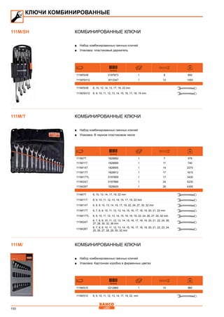 150
Комбинированные ключи
■■ Набор комбинированных гаечных ключей
■■ Упаковка: пластиковый держатель
731415
111M/SH8 0197873 1 8 850
111M/SH12 3013347 1 12 1050
111M/SH8 8, 10, 12, 14, 13, 17, 19, 22 mm
111M/SH12 8, 9, 10, 11, 12, 13, 14, 15, 16, 17, 18, 19 mm
Комбинированные ключи
■■ Набор комбинированных гаечных ключей
■■ Упаковка: В черном пластиковом чехле
731415
111M/7T 1828882 1 7 575
111M/11T 1828899 1 11 740
111M/14T 1828905 1 14 2270
111M/17T 1828912 1 17 1615
111M/17TL 0197859 1 17 3430
111M/24T 0197866 1 24 5230
111M/26T 1828929 1 26 4355
111M/7T 8, 10, 13, 14, 17, 19, 22 mm
111M/11T 8, 9, 10, 11, 12, 13, 14, 15, 17, 19, 22 mm
111M/14T 6, 8, 9, 10, 13, 14, 15, 17, 19, 22, 24, 27, 30, 32 mm
111M/17T 6, 7, 8, 9, 10, 11, 12, 13, 14, 15, 16, 17, 18, 19, 20, 21, 22 mm
111M/17TL 8, 9, 10, 11, 12, 13, 14, 15, 16, 18, 19, 22, 24, 26, 27, 30, 32 mm
111M/24T
6, 7, 8, 9, 10, 11, 12, 13, 14, 15, 16, 17, 18, 19, 20, 21, 22, 24, 26,
27, 28, 30, 32, 36 mm
111M/26T
6, 7, 8, 9, 10, 11, 12, 13, 14, 15, 16, 17, 18, 19, 20, 21, 22, 23, 24,
25, 26, 27, 28, 29, 30, 32 mm
Комбинированные ключи
■■ Набор комбинированных гаечных ключей
■■ Упаковка: Картонная коробка в фирменных цветах
731415
111M/S10 0212965 1 10 960
111M/S10 8, 9, 10, 11, 12, 13, 14, 17, 19, 22, mm
111M/SH
КЛЮЧИ КОМБИНИРОВАННЫЕ
111M/T
111M/
 