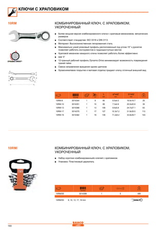 160
Комбинированный ключ, с храповиком,
укороченный
■■ Более мощная версия комбинированного ключа с храповым механизмом, метрических
размеров
■■ Соответствует стандартам: ISO 3318 и DIN 3113
■■ Материал: Высококачественная легированная сталь
■■ Максимально узкий рожковый профиль расположенный под углом 15° к рукоятке
позволяет работать инструментом в труднодоступных местах
■■ Храповой механизм накидного ключа позволяет работать более эффективно
■■ Шаг 5°
■■ 12-гранный рабочий профиль Dynamic-Drive минимизирует возможность повреждения
граней гайки
■■ Смена направления вращения одним щелчком
■■ Хромоникелевое покрытие и матовая отделка придают ключу отличный внешний вид
731415 mm
L
mm
a1xa2
mm
b1xb2
mm
10RM-8 3014344 1 8 90 6.5x4.0 16.6x16.7 25
10RM-10 3014351 1 10 95 7.3x4.8 20.0x20.8 35
10RM-13 3014368 1 13 108 8.6x5.8 24.7x27.1 63
10RM-17 3014375 1 17 127 10.3x7.2 31.8x35.5 113
10RM-19 3014382 1 19 139 11.2x8.2 33.8x39.7 143
Комбинированный ключ, с храповиком,
укороченный
■■ Набор коротких комбинированныйх ключей с храповиком
■■ Упаковка: Пластиковый держатель
731415
10RM/S5 3014399 1 5 490
10RM/S5 8, 10, 13, 17, 19 mm
КЛЮЧИ С ХРАПОВИКОМ
10RM
10RM/
 