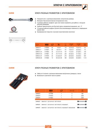 165
Ключ разных размеров с храповиком
■■ Накидной ключ с храповым механизмом, метрические размеры
■■ Материал: Высококачественная легированная сталь
■■ 4 размера рабочего профиля: один ключ можно применять для работы с четырьмя
разными размерами
■■ Удобный переключатель для быстрой смены направления вращения, шаг - 5°
■■ 12-гранный рабочий профиль Dynamic-Drive минимизирует возможность повреждения
граней гайки
■■ Хромированное покрытие с высоким сопротивлением окислению
731415 mm
L
mm
a1xa2
mm
b1xb2
mm
S4RM-4-7 0179930 60 4-5-6-7 115 12.3x12.8 14.2x17.2 50
S4RM-8-11 0179947 60 8-9-10-11 151 13.9x14.7 20.4x22.2 70
S4RM-12-15 0179954 30 12-13-14-15 191 17.3x18.1 27.3x30.3 150
S4RM-16-19 0179961 30 16-17-18-19 230 20.3x22.2 31.7x34.2 240
S4RM-21-27 0179978 20 21-22-24-27 275 26.0x30.0 40.0x52.5 640
S4RM-30-36 0179985 10 30-32-34-36 360 34.5x35.5 62.5x66.5 1.410
Ключ разных размеров с храповиком
■■ Набор из 4 ключей с храповым механизмом метрических размеров, в чехле
■■ Возможность крепления чехла на ремне
731415
S4RM/3T 0117406 1 3 550
S4RM/4T 0179916 1 4 2200
S4RM/5T 0179923 1 5 4200
S4RM/3T 8x9x10x11, 12x13x14x15, 16x17x18x19
S4RM/4T 8x9x10x11, 12x13x14x15, 16x17x18x19, 21x22x24x27
S4RM/5T 8x9x10x11, 12x13x14x15, 16x17x18x19, 21x22x24x27, 30x32x34x36
КЛЮЧИ С ХРАПОВИКОМ
S4RM
S4RM/
 