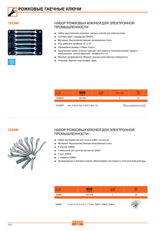 172
Набор рожковых ключей для электронной
промышленности
■■ Набор двусторонних рожковых гаечных ключей для электронники
■■ Соответствует стандартам DIN934
■■ Материал: Высококачественная легированная сталь
■■ Угол рабочего профиля 15° и 10°
■■ Одинаковый размер с обеих сторон
■■ Удлиненный захват отлично подходит для ремонта телекомуникаций, радио и
электронники, точной механики, телефонии и т.п.
■■ Матовое хромирование образует ровную качественную поверхность
■■ Упаковка: Черный пластиковый чехол
731415
1933M/6T 1821654 1 6 70
1933M/6T 4x4, 4.5x4.5, 5x5, 5.5x5.5, 6x6, 7x7
Набор рожковых ключей для электронной
промышленности
■■ Набор инструментов для точных работ, на кольце
■■ Материал: Высококачественная легированная сталь
■■ 8 ключей 3280M
■■ 1 напильник для заточки контактов 3280/1
■■ 1 щуп 3280/2
■■ 1 отвертка 3280/4
■■ Хромирование и матовая отделка обеспечивают инструменту отличный внешний вид
731415
3280M 1071318 1 35
3280M 4, 4.5, 5, 5.5, 6, 6.5, 7, 7.5 mm, 3280/1, 3280/2, 3280/4
РОЖКОВЫЕ ГАЕЧНЫЕ КЛЮЧИ
1933M/
3280M/
 