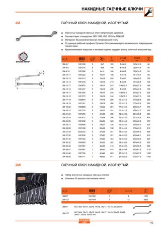 175
Гаечный ключ накидной, изогнутый
■■ Изогнутый накидной гаечный ключ метрических размеров
■■ Соответствует стандартам: ISO 1085, ISO 10104 и DIN 838
■■ Материал: Высококачественная легированная сталь
■■ 12-гранный рабочий профиль Dynamic-Drive минимизирует возможность повреждения
граней гайки
■■ Хромоникелевое покрытие и матовая отделка придают ключу отличный внешний вид
731415 mm
L
mm
a1xa2
mm
b1xb2
mm
2M-6-7 1001209 5 6x7 165 5.0x6.0 10.5x12.0 40
2M-8-9 1001216 5 8x9 180 6.0x6.5 13.0x14.5 55
2M-8-10 1001506 5 8x10 180 6.0x6.5 13.0x14.5 65
2M-10-11 1001223 5 10x11 190 7.0x7.5 16.1x18.1 85
2M-10-13 1001513 5 10x13 220 7.9x9.1 16.6x20.0 120
2M-12-13 1001230 5 12x13 210 8.0x8.5 18.7x20.8 125
2M-13-17 1343972 5 13x17 243 9.5x10.0 20.8x27.0 180
2M-14-15 1001247 5 14x15 226 8.5x9.5 22.5x24.5 155
2M-16-17 1001254 5 16x17 246 9.5x10.0 25.0x27.0 200
2M-16-18 1001575 5 16x18 246 9.5x10.0 25.0x27.0 190
2M-17-19 1000844 5 17x19 266 10.5x11.0 27.5x29.5 255
2M-18-19 1001261 5 18x19 266 10.5x11.0 27.5x29.5 260
2M-19-22 1000868 5 19x22 291 11.5x12.0 30.6x33.7 340
2M-20-22 1001278 5 20x22 291 11.5x12.0 30.6x33.7 350
2M-21-23 1001285 5 21x23 306 12.0x13.0 32.7x35.8 390
2M-22-24 1001612 5 22x24 306 12.0x13.0 32.7x35.8 450
2M-24-26 1001292 5 24x26 326 13.0x14.0 35.8x40.0 470
2M-24-27 1000899 5 24x27 326 13.0x14.0 35.8x40.0 530
2M-25-28 1001308 5 25x28 336 13.5x14.5 37.8x43.0 510
2M-27-29 0205332 5 27x29 351 14.0x15.0 42.0x46.0 594
2M-27-30 1001636 5 27x30 351 14.0x15.0 42.0x46.1 610
2M-27-32 1001322 5 27x32 353 14.0x16.0 42.0x49.5 620
2M-30-32 1000929 5 30x32 362 15.0x16.0 46.5x49.5 650
2M-32-36 1001667 1 32x36 416 17.0x18.0 49.5x55.5 850
2M-36-41 1001681 1 36x41 444 18.5x19.5 55.0x61.5 1170
2M-41-46 1001704 1 41x46 483 20.0x21.0 61.5x67.5 1450
2M-46-50 1001711 1 46x50 541 21.0x22.0 67.5x74.0 1700
Гаечный ключ накидной, изогнутый
■■ Набор изогнутых накидных гаечных ключей
■■ Упаковка: В черном пластиковом чехле
731415
2M/8T 1001391 1 8 1330
2M/12T 1001414 1 12 3800
2M/8T 6x7, 8x9, 10x11, 12x13, 14x15, 16x17, 18x19, 20x22 mm
2M/12T
6x7, 8x9, 10x11, 12x13, 14x15, 16x17, 18x19, 20x22, 21x23,
24x27, 25x28, 30x32 mm
НАКИДНЫЕ ГАЕЧНЫЕ КЛЮЧИ
2M
2M/
 